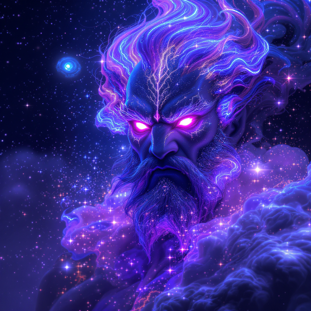 Astra, The Celestial Warrior, standing against a storm-lit nebula