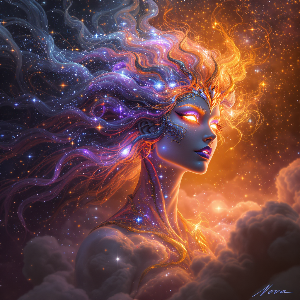Astra, The Celestial Warrior, standing against a storm-lit nebula