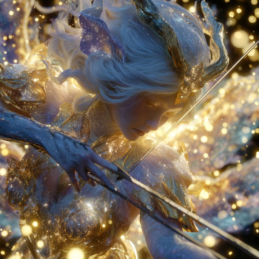 Astra, The Celestial Warrior, standing against a storm-lit nebula